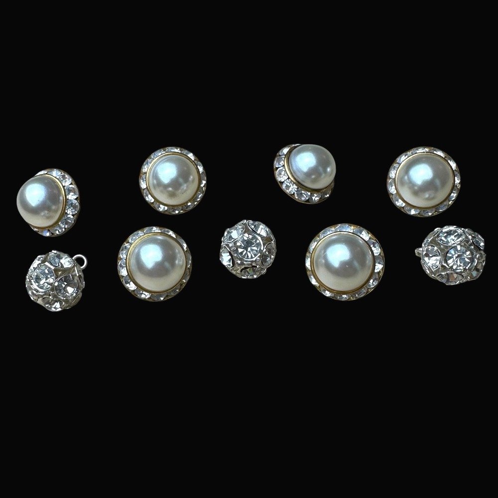 Vintage Faux Pearl Rhinestone Halo Shank Buttons and Pavé Ball Charms Set 9pc